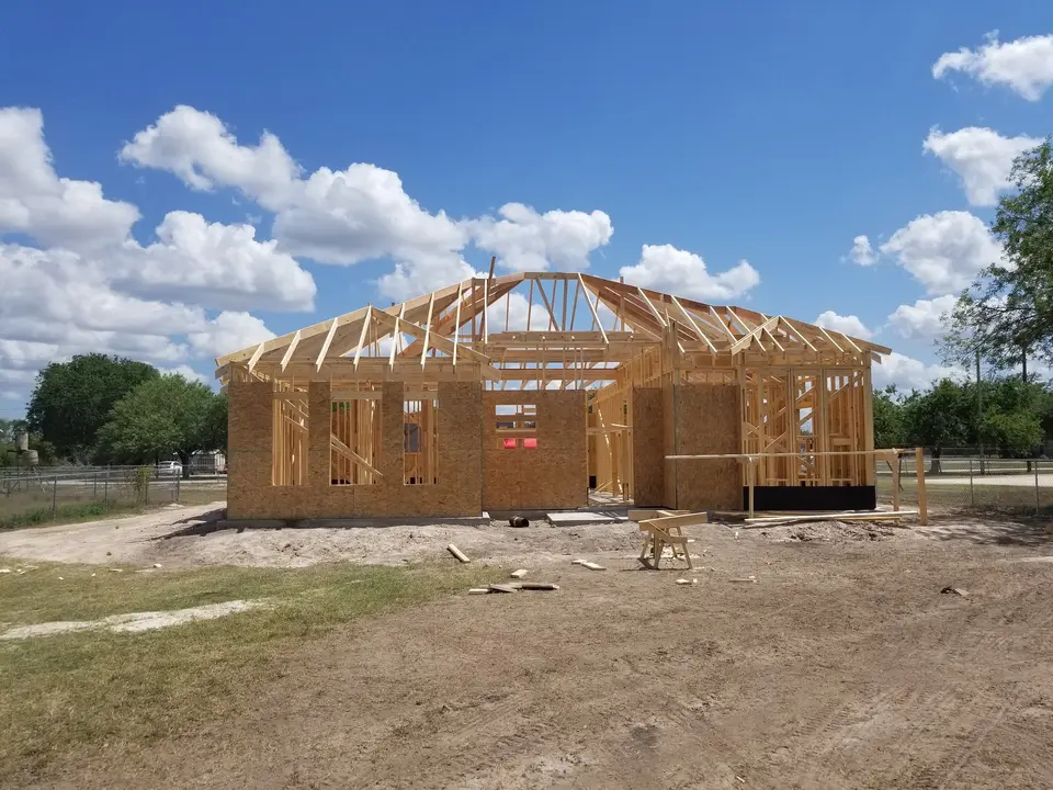 Roof truss framing across front elevation
