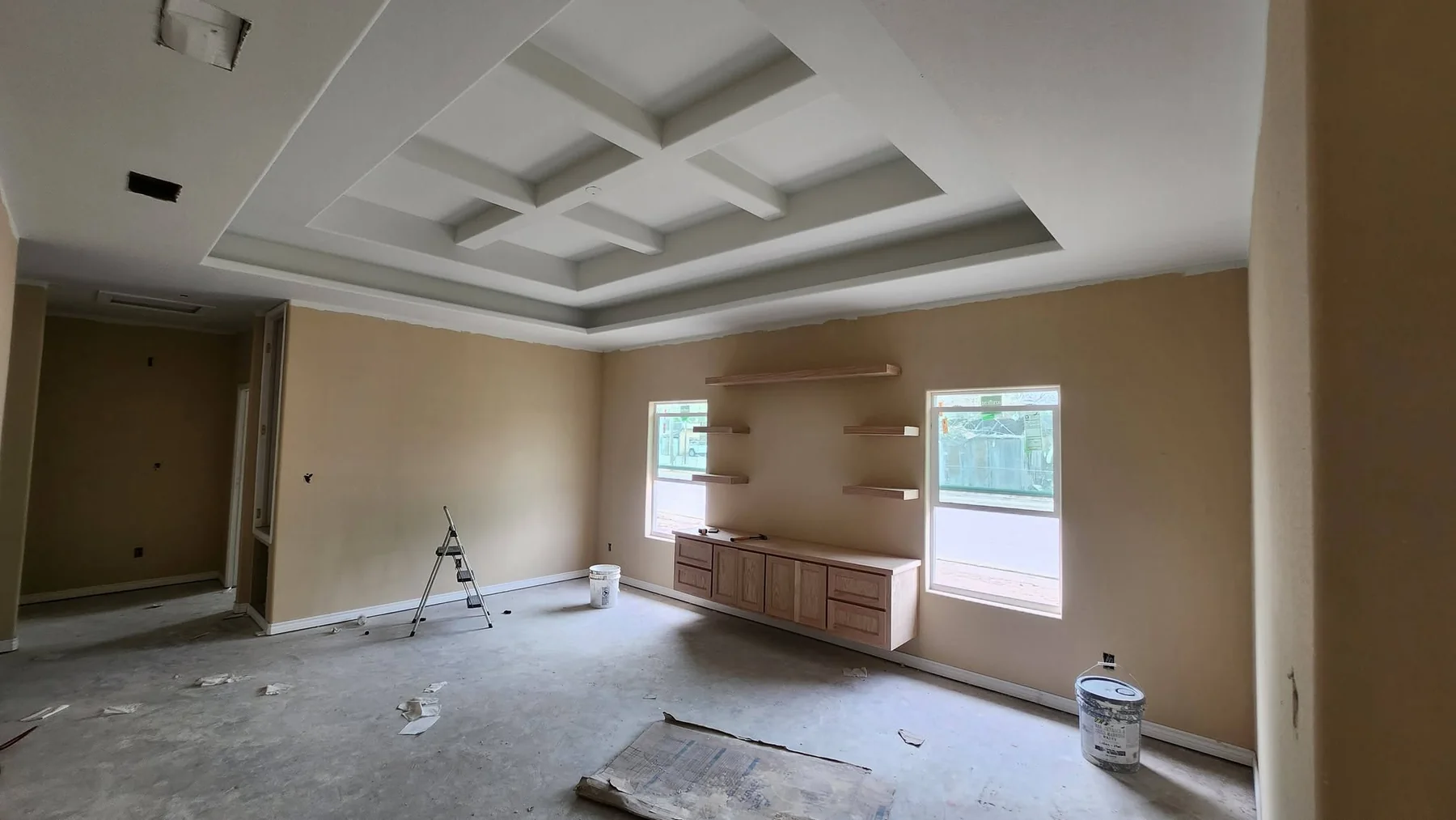 Lucero Street living room and coffered ceiling